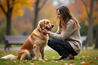Femme souriante caressant un golden retriever dans un parc en automne, illustration d'actualités animalières