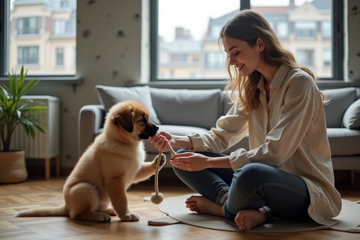 Jeune femme jouant avec son chiot Eurasier sur le parquet d'un appartement urbain, interaction naturelle et complicité