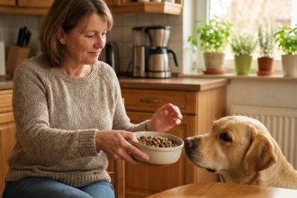 Femme offrant un bol de croquettes à son labrador dans la cuisine
