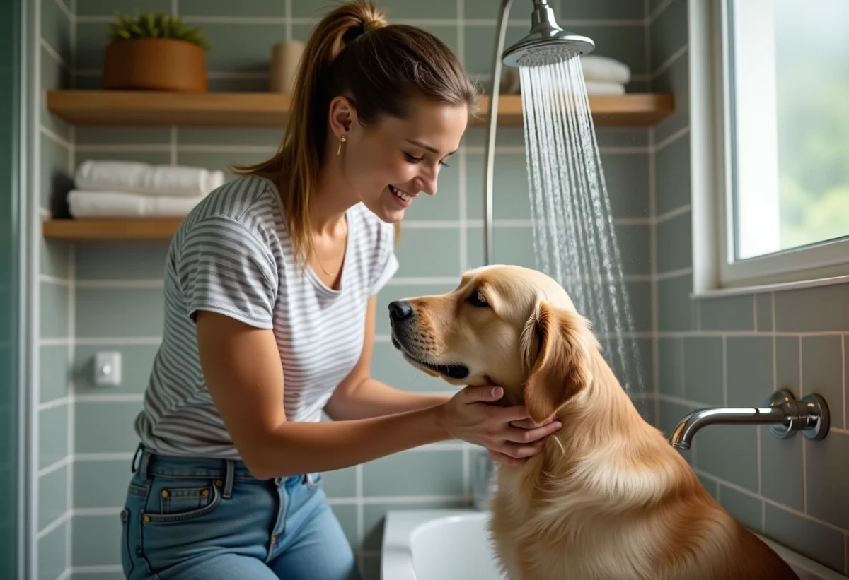 Jeune femme lavant son chien golden retriever dans la salle de bain