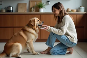Femme offrant des lentilles à un chien dans la cuisine
