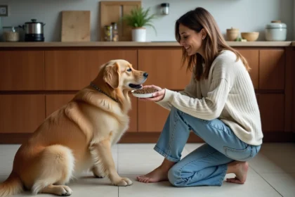 Femme offrant des lentilles à un chien dans la cuisine