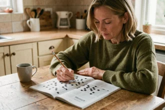 Femme résolvant des mots croisés avec un crayon, cherchant un animal en U pour compléter une grille de lettres