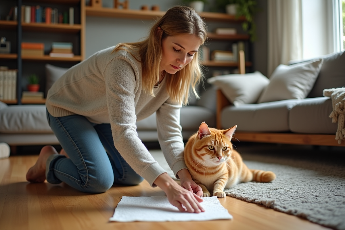 Femme à la maison nettoie une flaque avec un chat ginger