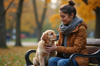 Femme caressant un chiot Golden Retriever dans un parc
