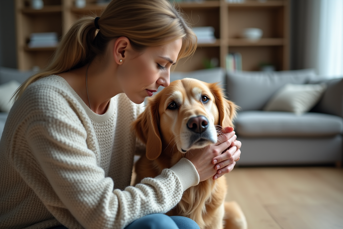 Femme réconfortant un chien anxieux dans un salon chaleureux