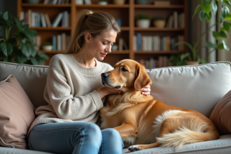 Femme réconforte son chien golden retriever à la maison
