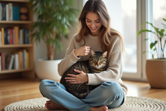 Jeune femme caressant un chat dans un salon cosy