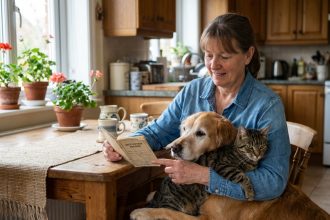 Femme avec chien et chat sur ses genoux dans une cuisine chaleureuse