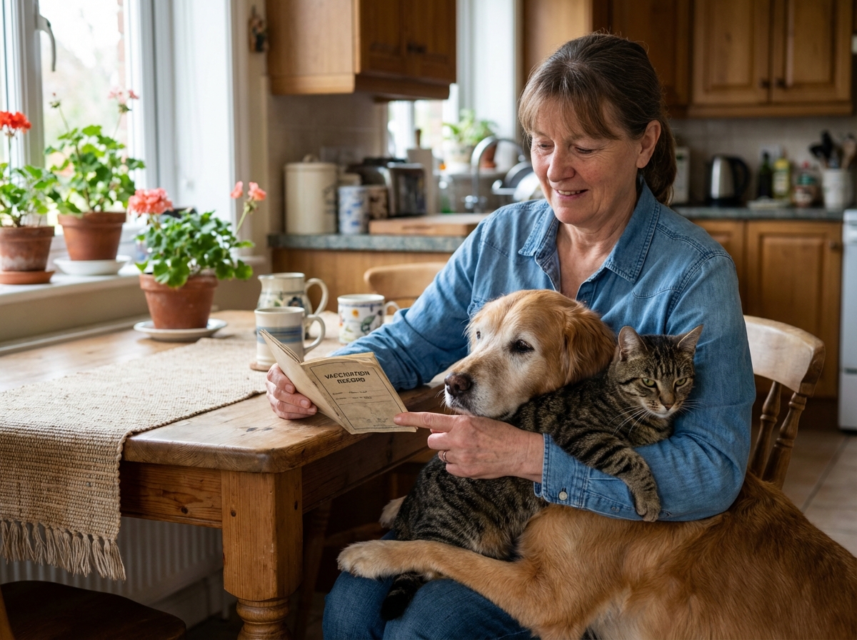 Femme avec chien et chat sur ses genoux dans une cuisine chaleureuse