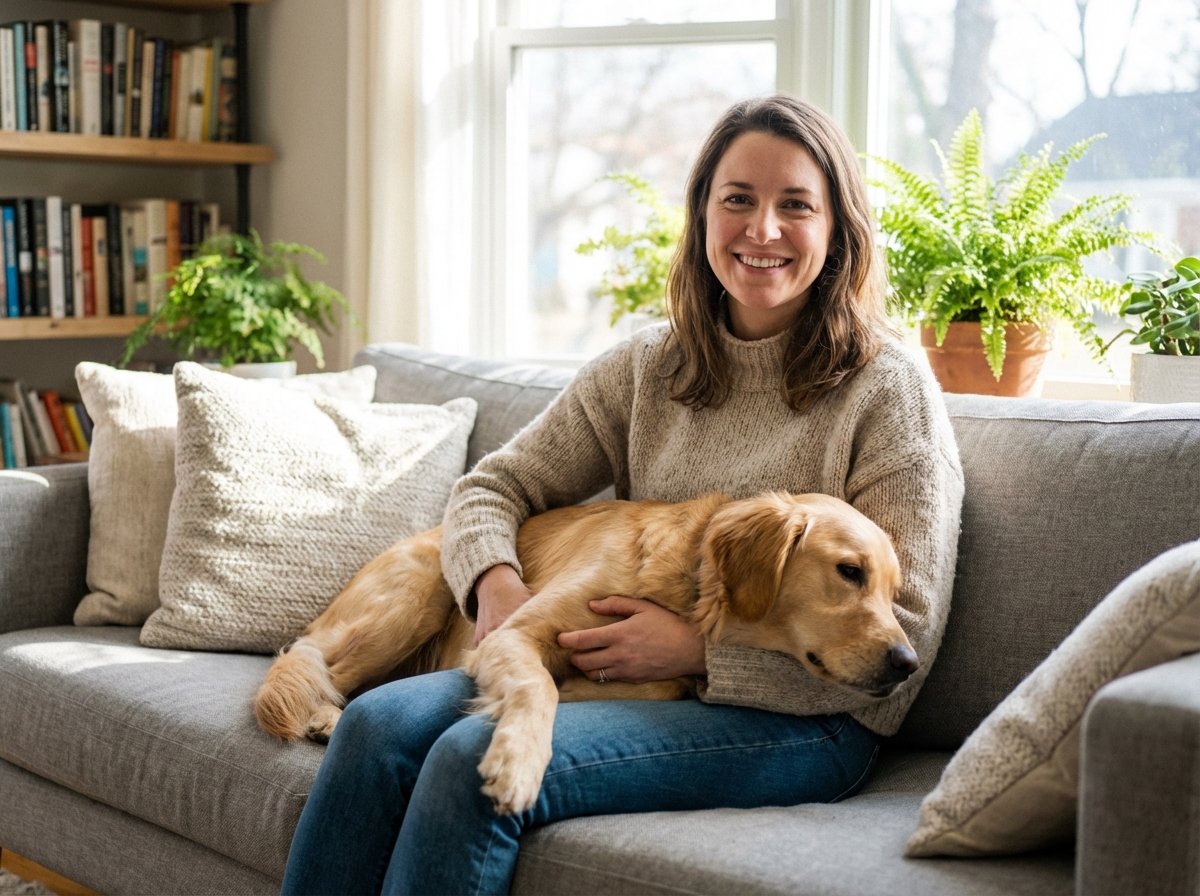 Femme assise avec un retriever dans un salon chaleureux