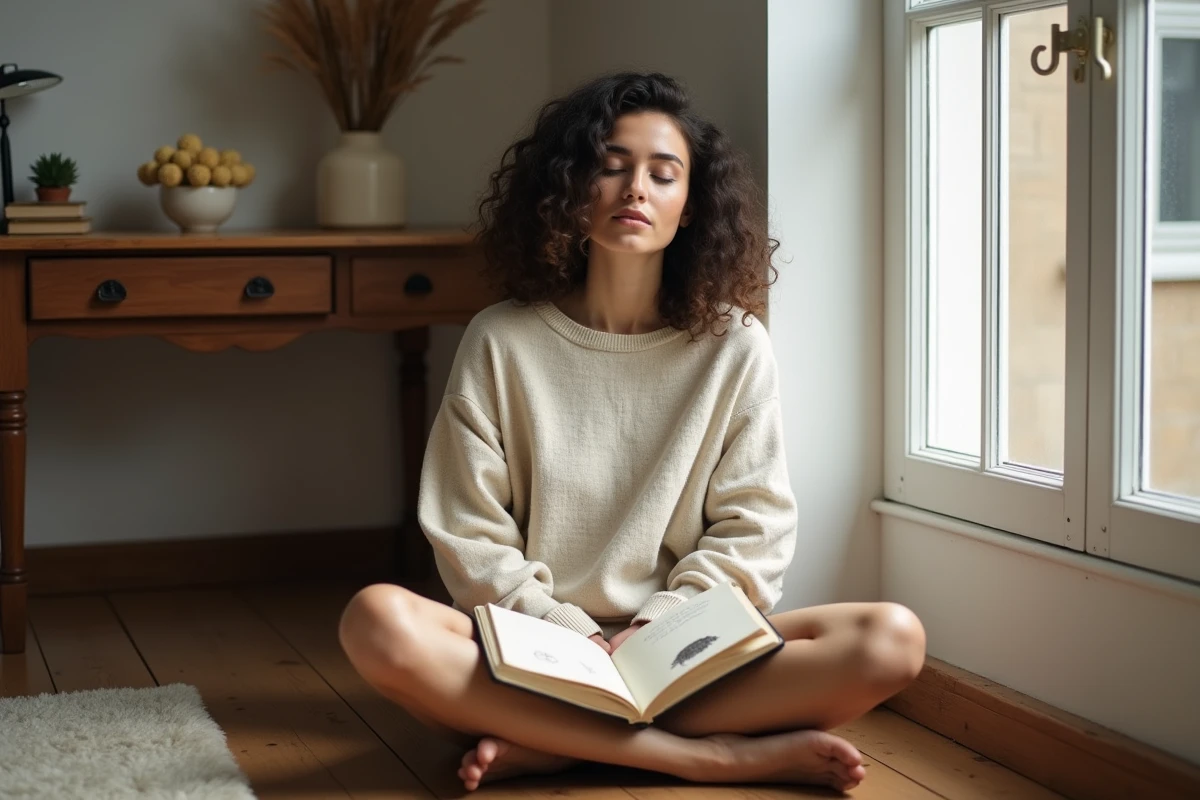 Femme songeuse tenant un carnet illustré d'un hérisson symbolisant la signification des rêves