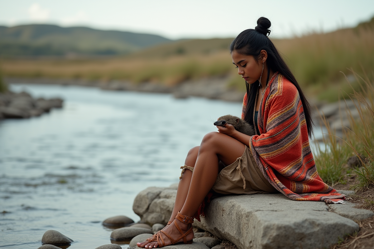 Jeune femme indigene tenant un animal au bord de la rivière