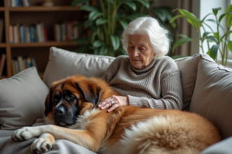 Femme âgée avec un saint bernard dans un salon cosy