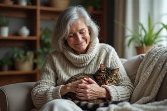 Femme paisible caressant un chat sur ses genoux
