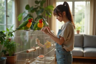 Jeune femme soignant des kakarikis dans une cage spacieuse