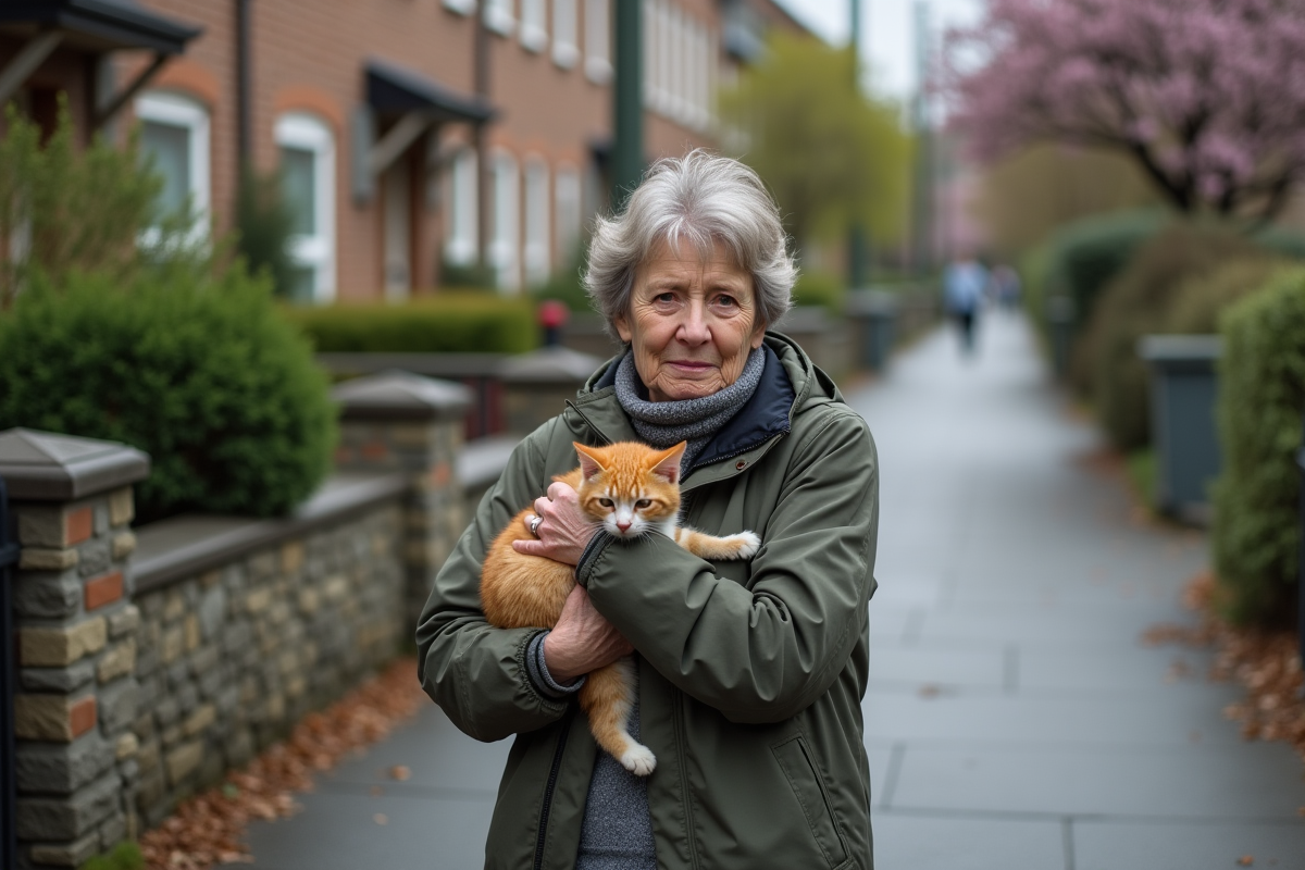 Femme réconfortant un chat errant dans la rue