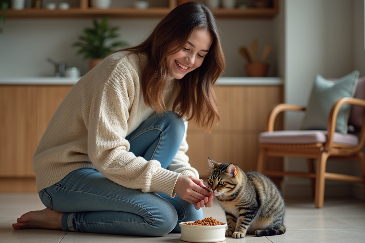 Jeune femme offrant un bol de pâtée à son chat dans la cuisine