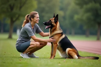 Femme sportive massant un malinois dans un parc