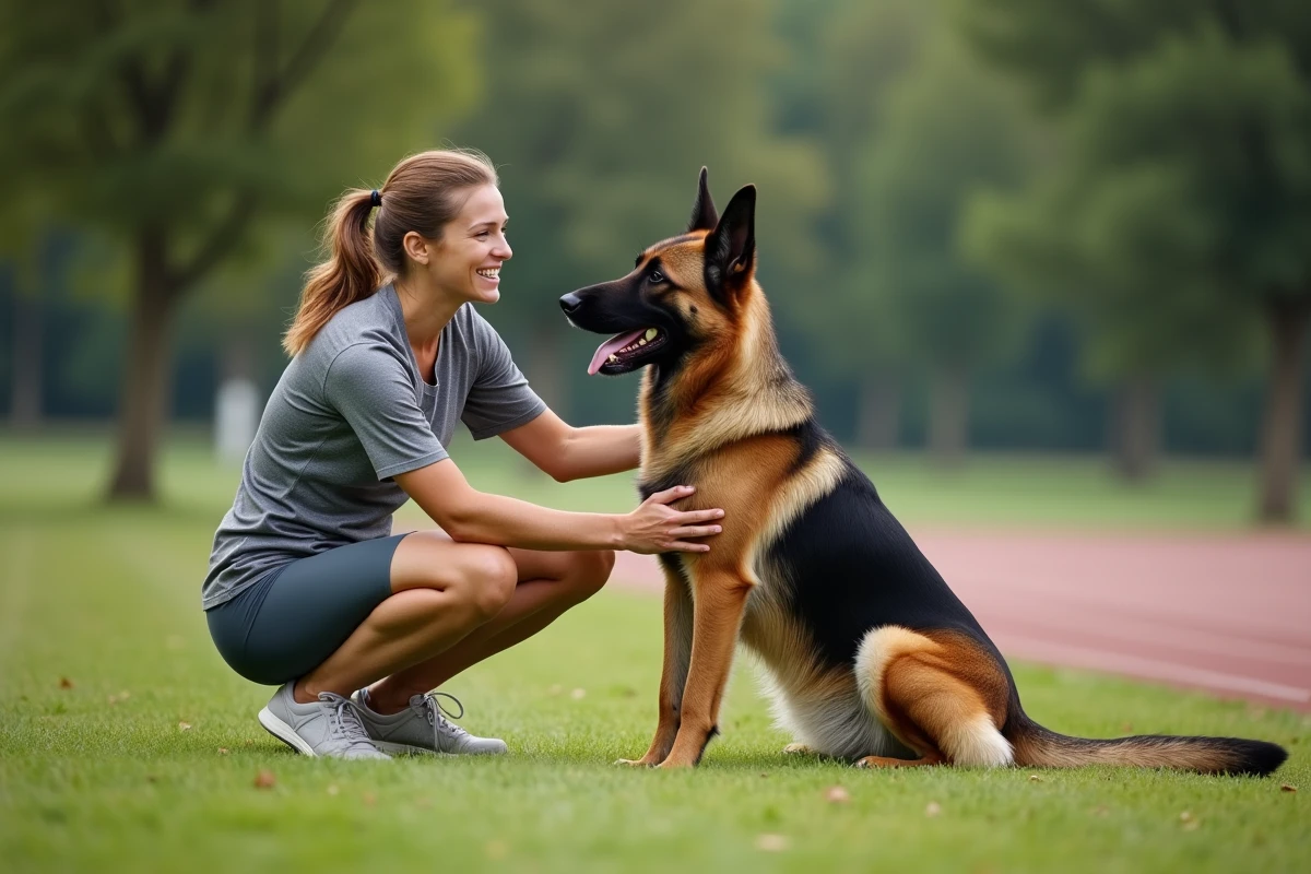 Femme sportive massant un malinois dans un parc