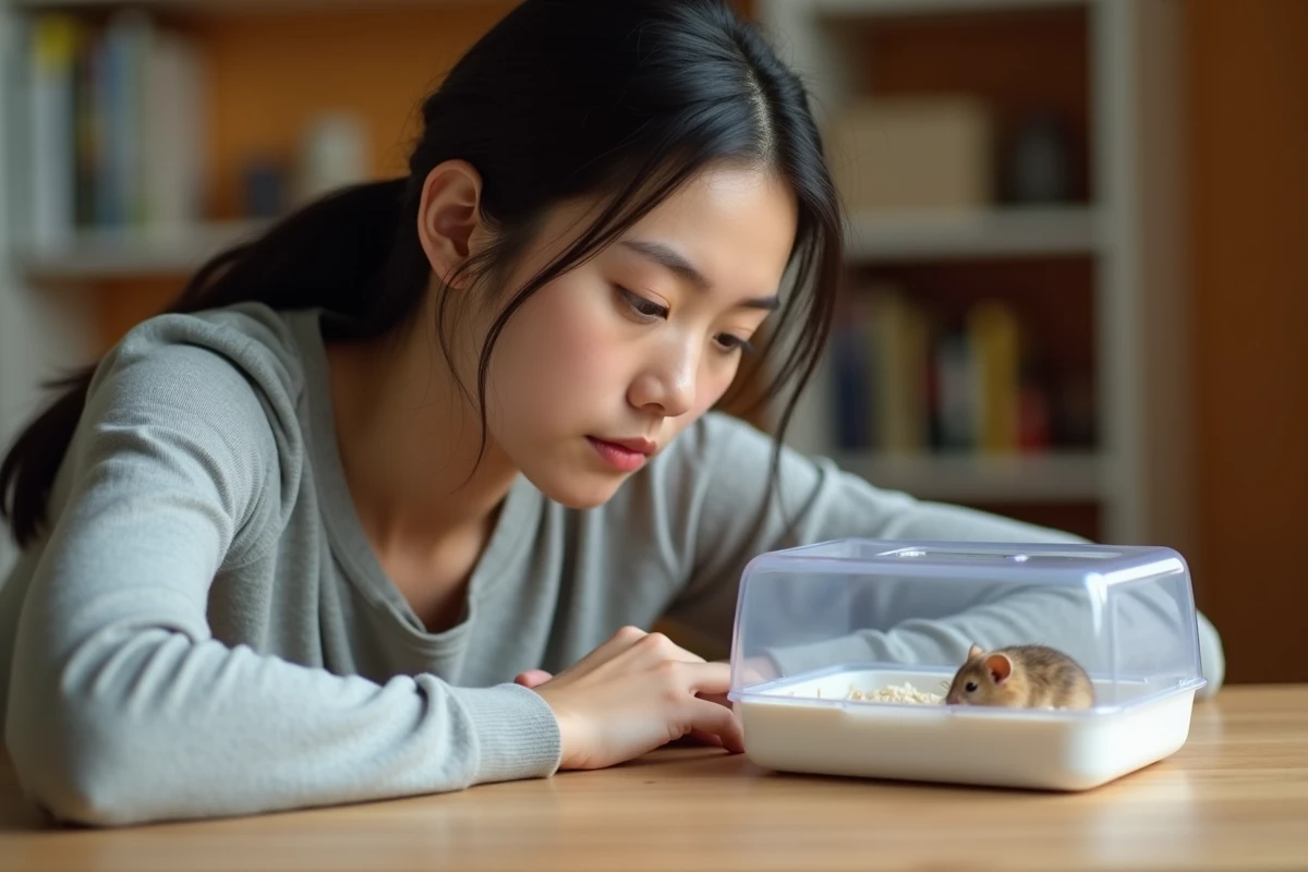 Femme observant attentivement un hamster nain dans son enclos pour surveiller la période de gestation