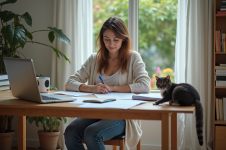 Femme française assise à son bureau à la maison en train de remplir des papiers