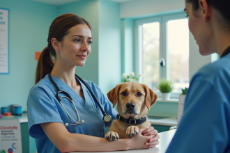 Femme inquiète à la clinique vétérinaire avec un animal