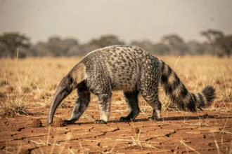 Fourmilier géant marchant sur une savane aride à la recherche de fourmilières, illustrant les animaux mangeurs de fourmis menacés