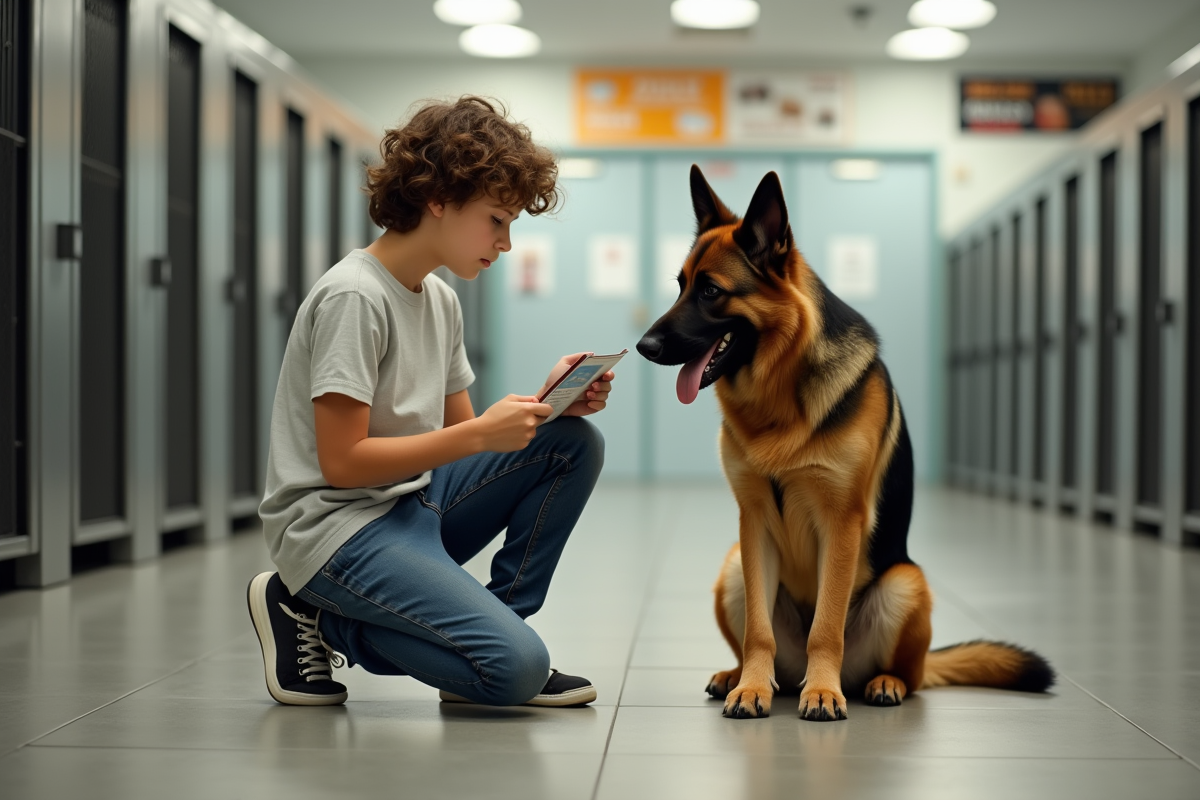 Adolescent avec chien berger allemand dans un refuge