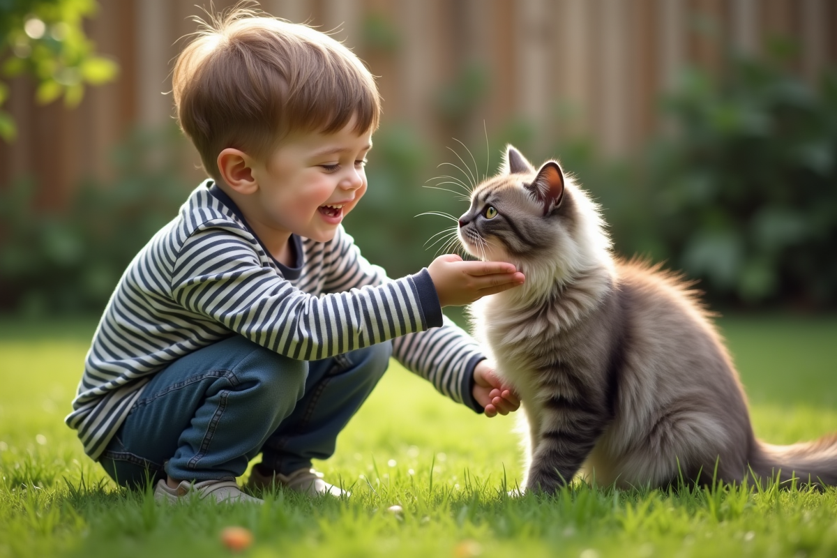 Garçon avec un chat dans le jardin en plein air