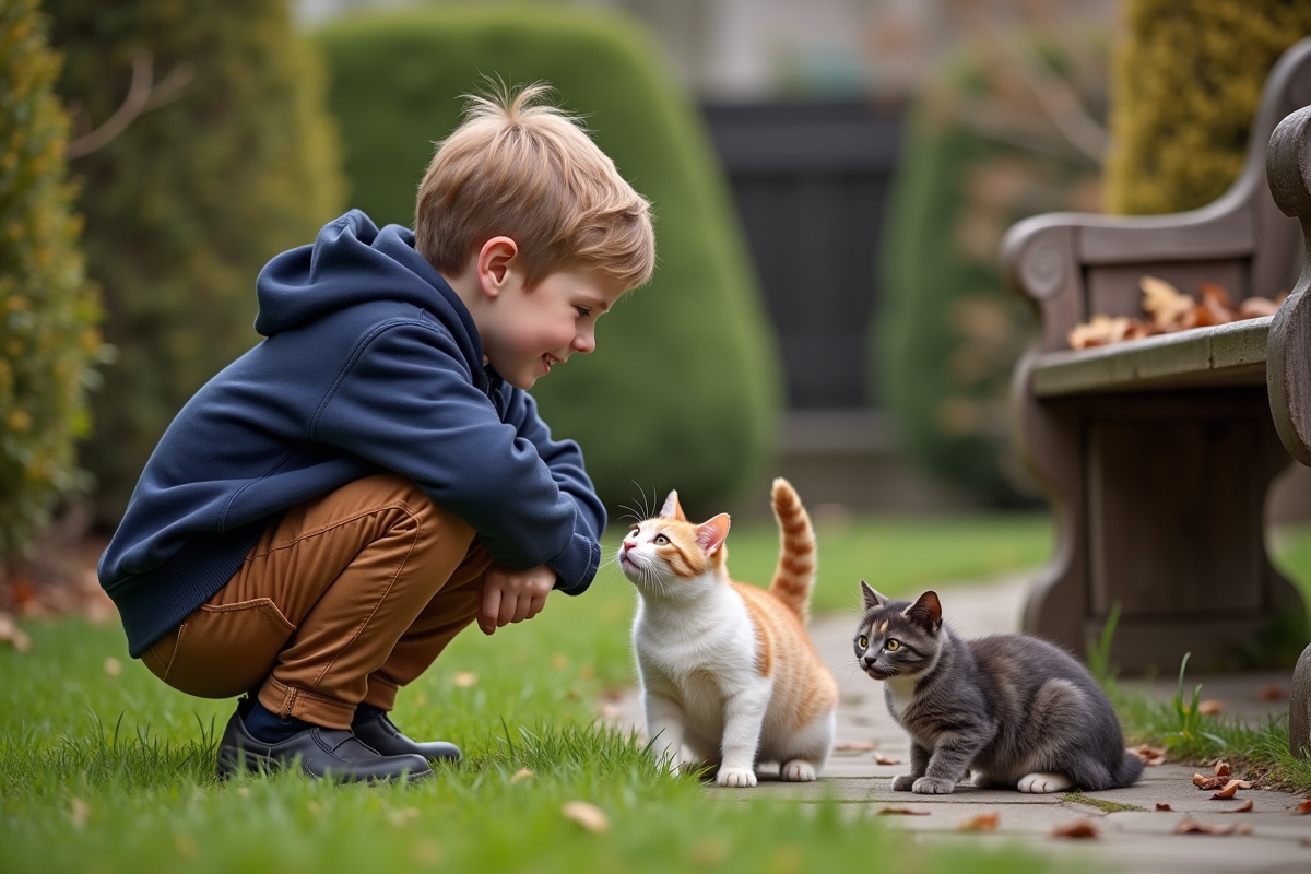 Garçon regardant deux chats dans un jardin en automne
