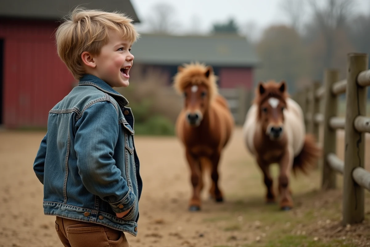 Garçon regardant des poneys dans une ferme