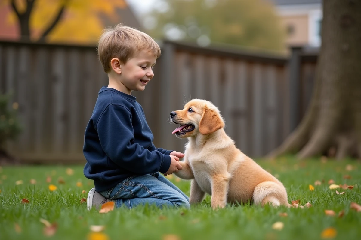 Jeune garçon souriant avec un chiot golden retriever dans le jardin