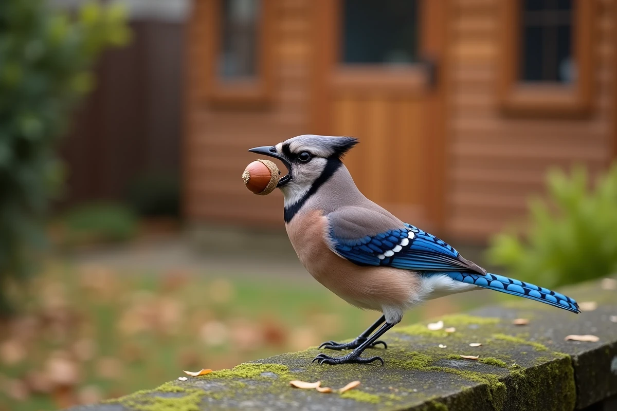 Geai des chênes tenant un gland dans son bec sur un mur de pierre moussu dans un jardin en automne