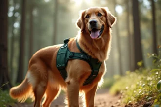 Golden Retriever adulte portant un harnais ergonomique vert forêt avec rembourrage sur un sentier naturel en forêt