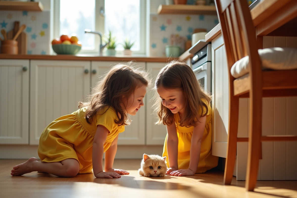 Grand-mere et petite fille cherchant un chat en peluche