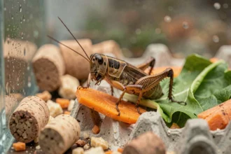 Gros plan macro d'un grillon vivant se nourrissant de carotte et de légumes verts frais dans un terrarium en verre, idéal pour illustrer l'alimentation des grillons pour la reproduction