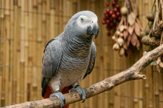Gris du Gabon bleu posé sur une branche naturelle, montrant ses variations de plumage gris-bleuté et sa queue rouge vif