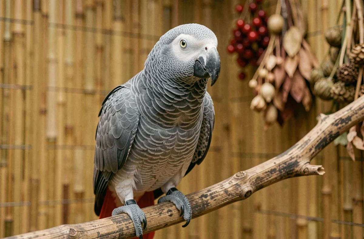 Gris du Gabon bleu posé sur une branche naturelle, montrant ses variations de plumage gris-bleuté et sa queue rouge vif