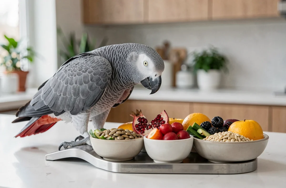 Gris du Gabon explorant une gamme d'aliments frais et de graines dans un environnement domestique soigné, illustrant une alimentation équilibrée en captivité