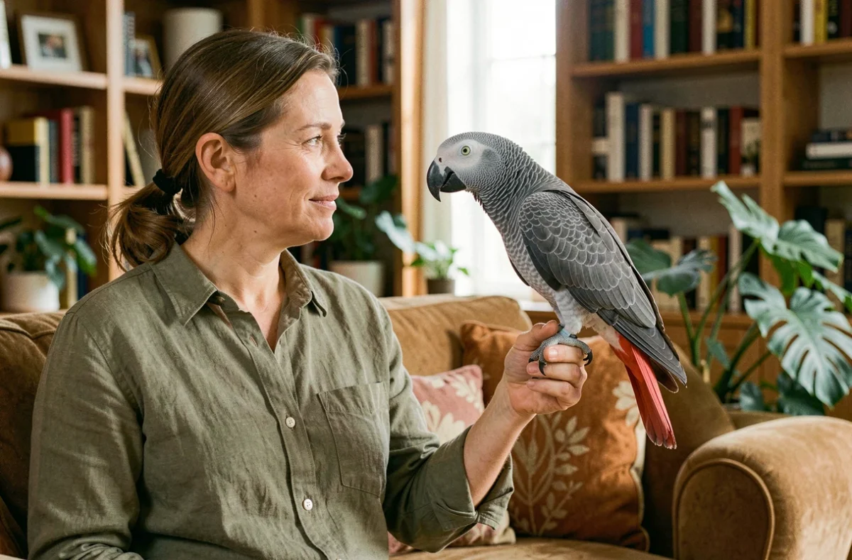 Femme interagissant affectueusement avec son perroquet gris du Gabon posé sur son avant-bras dans un salon chaleureux, illustrant le lien de confiance entre l'oiseau et son propriétaire