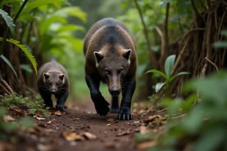 Grison en marche dans la forêt sud-américaine avec un jeune anteater