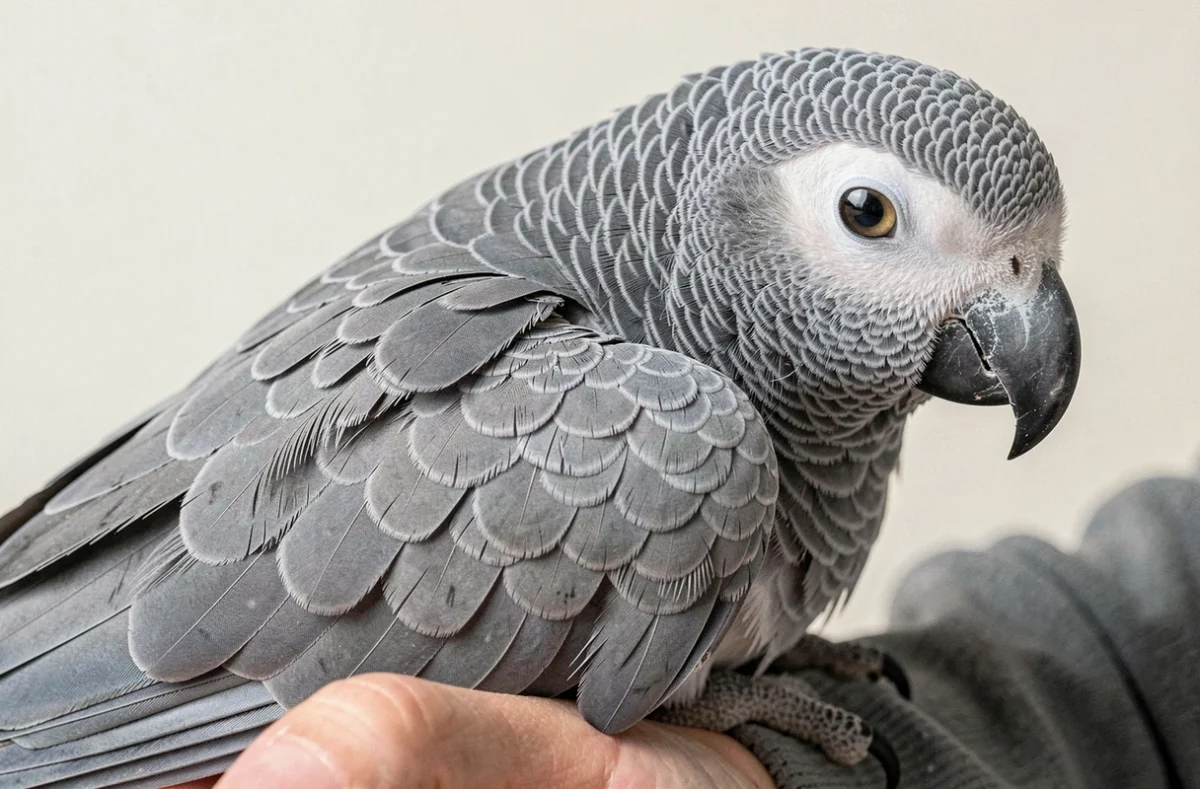 Gros plan des plumes d'un gris du Gabon bleu révélant les nuances iridescentes argentées et la texture détaillée du plumage muté