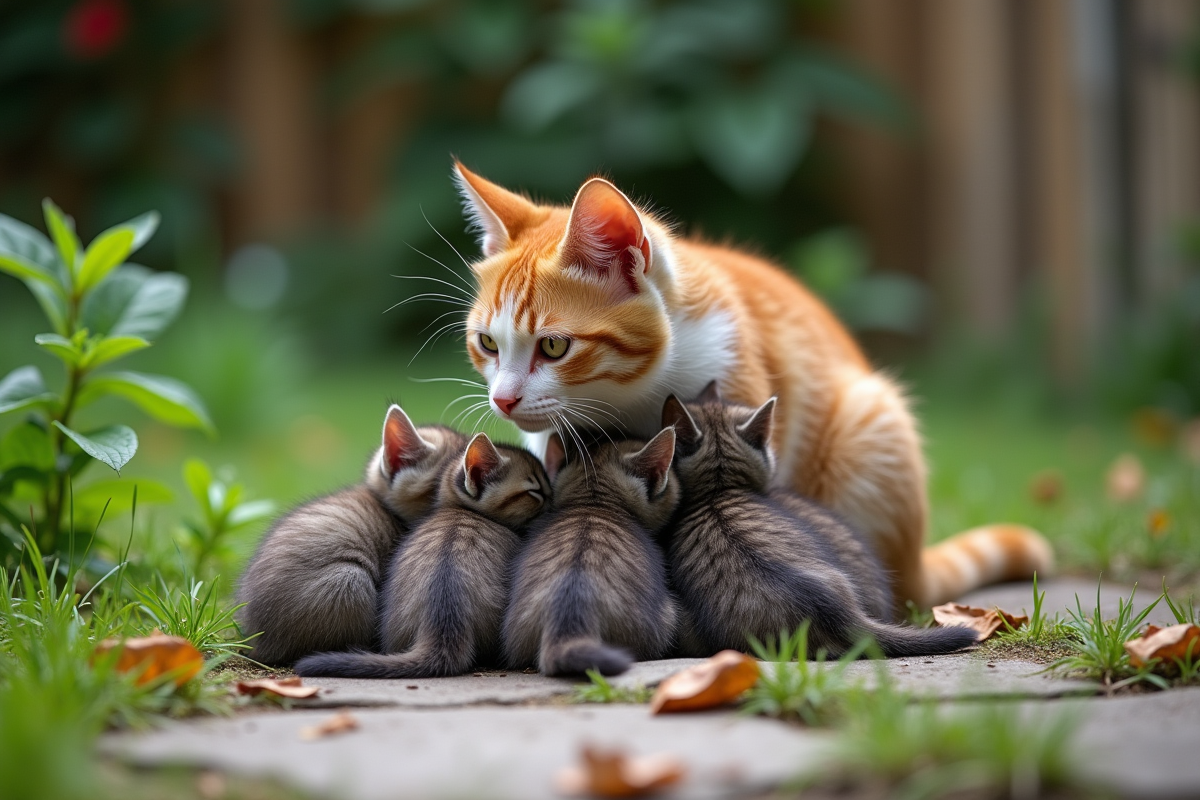 Jeunes chatons avec leur mère dans un jardin verdoyant et paisible