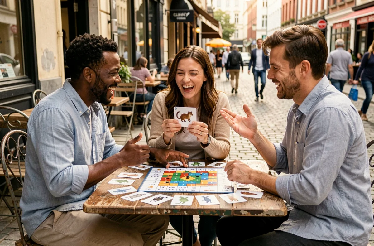 Groupe d'adultes jouant à un jeu de société avec des cartes d'animaux en terrasse de café, découvrant des animaux rares commençant par N