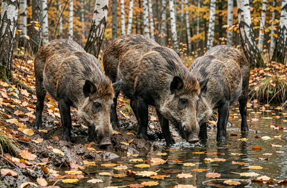 Groupe de sangliers adultes fouillant les berges d'un ruisseau forestier en automne, mettant en évidence leur taille et leur poids naturels