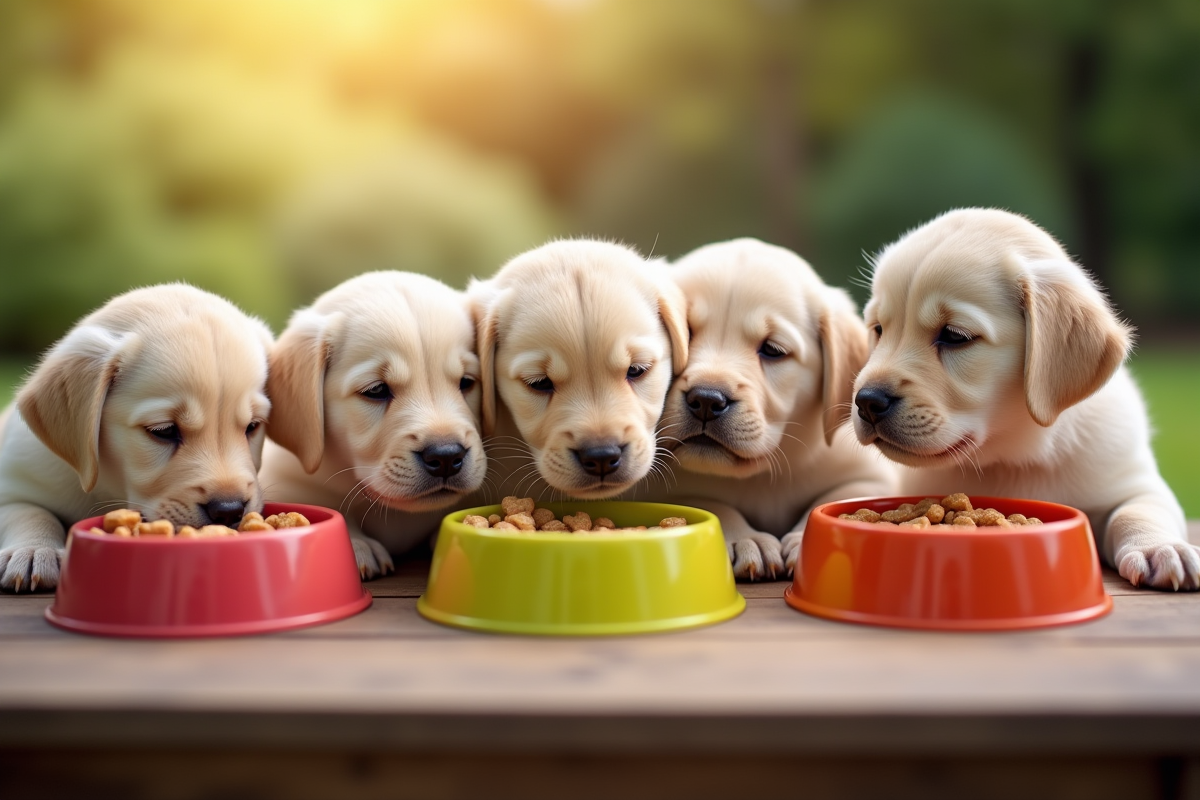 Groupe de chiots labrador autour d une table en plein air choisissant leur nourriture