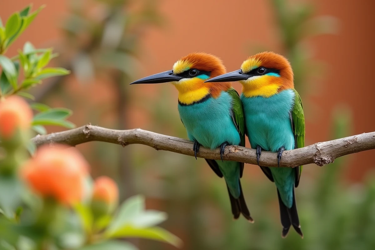 Couple de guêpiers d'Europe aux plumes multicolores posés sur une branche dans un jardin ensoleillé