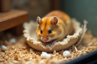 Hamster syrien doré en fin de gestation nichée dans un nid douillet de papier déchiqueté dans un terrarium