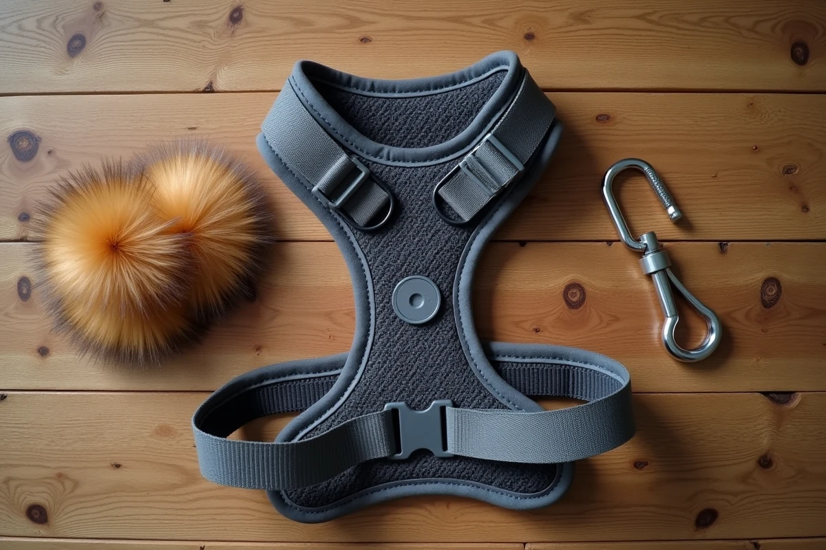 Vue à plat d'un harnais moderne pour Golden Retriever avec double anneau et boucles magnétiques sur surface en bois de chêne